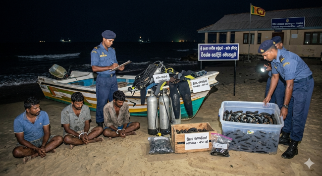 නීති විරෝධී මුහුදු කූඩැල්ලන් ඇල්ලූ තිදෙනෙකු අත්අඩංගුවට නීති විරෝධී මුහුදු කූඩැල්ලන් ඇල්ලූ තිදෙනෙකු අත්අඩංගුවට